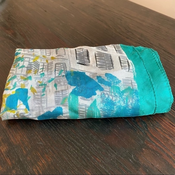 Vintage 26” x 26” Green Vintage Abstract Art City People Scenic View scarf - Picture 5 of 11